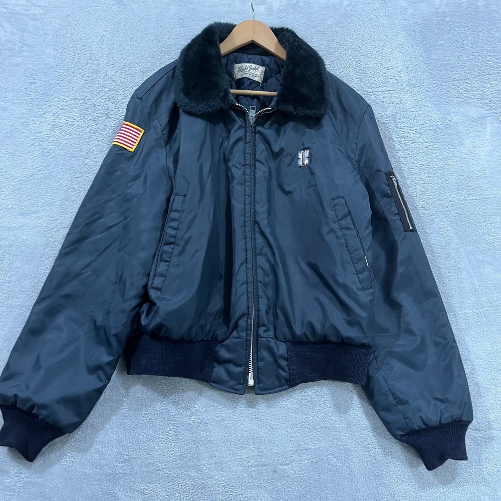 VINTAGE Flight Bomber Jacket Mens L Nylon Military Faux‎ Fur WPL 10881 USA 80s